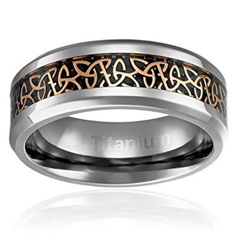Mens Titanium Irish Triquetra Wedding Band Ring (8mm). Black & Gold Celtic Knot.